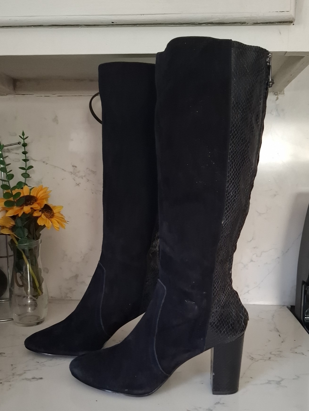 Anne Klein Black the-Knee Suede & Textured Back Block Heel Boots